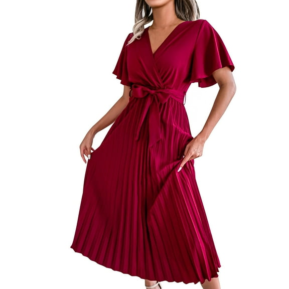 Women's 2025 Summer Midi Dress Ruffle Short Sleeve V Neck Wrap Pleated Swing A Line Cocktail Party Dresses