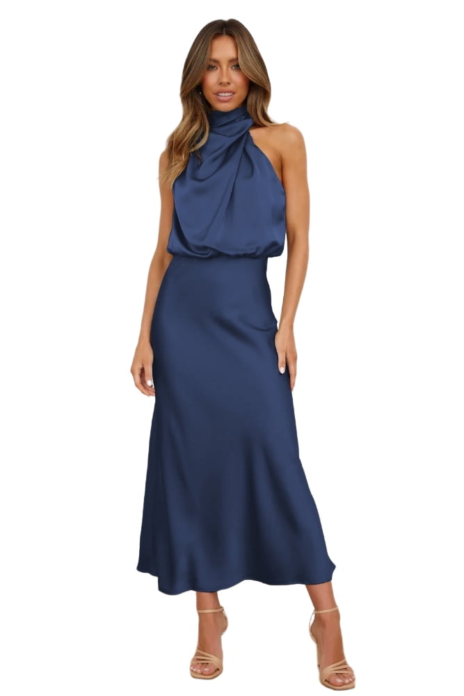 Robe Longue Satin élégante Sans Manches - Col Montant, Pour Soirée, Cocktail, événement Formel (plusieurs Coloris)