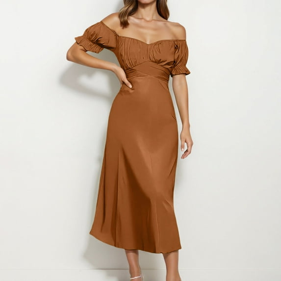 Women's 2025 Summer Satin Midi Dress Off The Shoulder Wrap Ruched Wedding Guest Party Formal Prom Dresses Lost Ink Dresses Fitted Summer Dress for Women Semi Formal Dresses Deep V Dress Shirt Dress