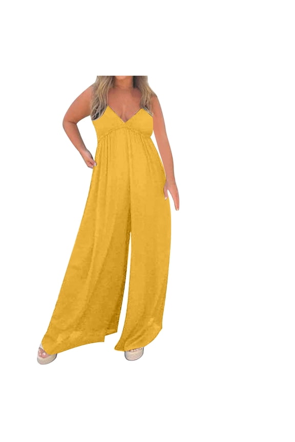 Women's 2026 Summer Sleeveless Jumpsuits Spaghetti Strap V Neck Cute Ruffle Plus Size Casual Wide Leg Pants Romper Yellow,2XL