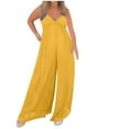 thumbnail image 1 of Women's 2025 Summer Sleeveless Jumpsuits Spaghetti Strap V Neck Cute Ruffle Plus Size Casual Wide Leg Pants Romper Yellow,XXXL, 1 of 6