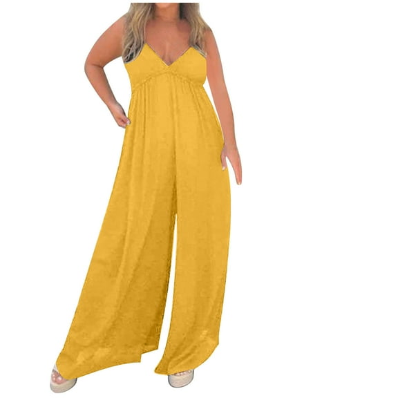 Women's 2025 Summer Sleeveless Jumpsuits Spaghetti Strap V Neck Cute Ruffle Plus Size Casual Wide Leg Pants Romper Yellow,XXXL