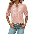 thumbnail image 1 of Women's 2025 Summer Tops Casual Floral Boho V Neck Puff Short Sleeve Button Down Shirts Embroidered Blouses Tunic, 1 of 6