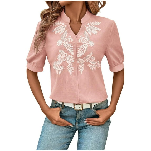 Women's 2025 Summer Tops Casual Floral Boho V Neck Puff Short Sleeve Button Down Shirts Embroidered Blouses Tunic