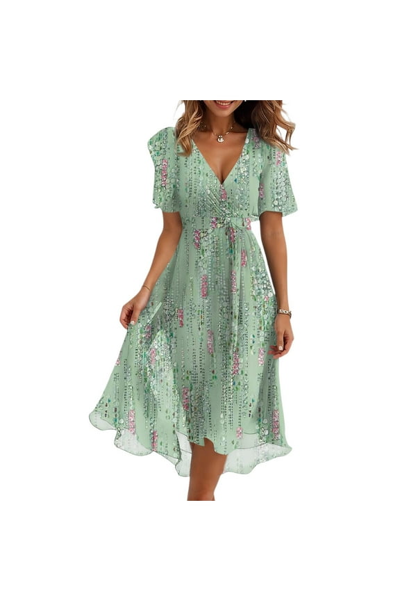 Women's 2025 Summer Wrap Midi Dress Chiffon Tie Waist Casual Boho Deep V Neck Short Sleeve Ruffle Hem Split Beach Long Dresses Mint Green L