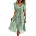 thumbnail image 1 of Women V Neck Summer Dress 2025 Short Sleeve Chiffon Tie Waist Boho Flowy Ruffle Slit Beach Party Long Maxi Cocktail Dresses Mint Green S, 1 of 7