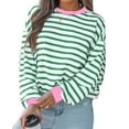 thumbnail image 1 of Women's 2025 Trendy Soft Pullover Round Neck Striped Print Casual Shirts Long Sleeve Loose Fit Color Block T-shirt Top, 1 of 4