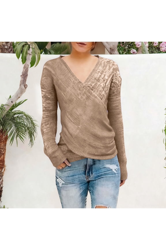 Women's 2025 V-Neck Cross Front Sweater, Solid Color Long Sleeve Knit Top, Casual Pullover Blouse, Soft Yarn Fall Tops, Elegant Twist Design Sweater, Comfortable Loungewear Coffee L