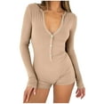 thumbnail image 1 of Women's 2026 V Neck Long Sleeve Shorts Romper Y2k One Piece Yoga Buttons Jumpsuit Bodycon Pajama Set Gym Bodysuit Khaki,S, 1 of 7