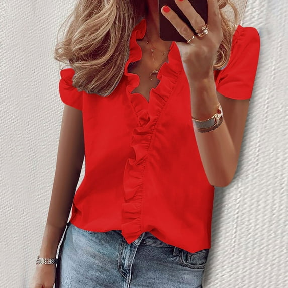 Women's 2025 V Neck Short Sleeve Shirt Solid Color Casual Tshirt Top Lightweight Comfortable Blouse for Summer Office Daily Wear