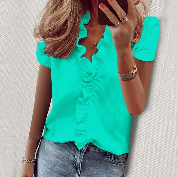 Women's 2025 V Neck Short Sleeve Shirt Solid Color Casual Tshirt Top Lightweight Comfortable Blouse for Summer Office Daily Wear