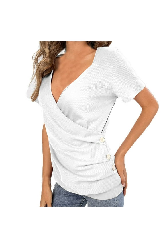 Women's 2025 V Neck Wrap Front Knit Button Down Tshirt Casual Short Sleeve Top Lightweight Comfortable Blouse for Summer Daily Wear