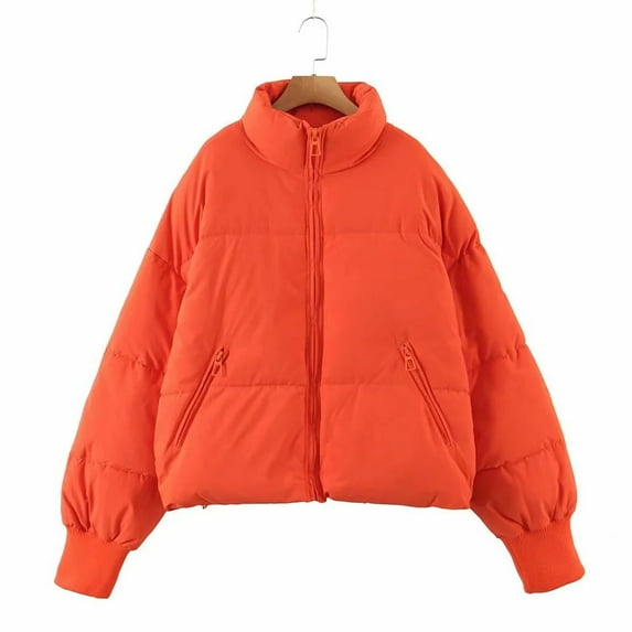 Women's 2025 Winter Cropped Puffer Jacket Long Sleeve Oversized Stand Collar Zip-Up Short Coat