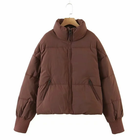 Women's 2025 Winter Cropped Puffer Jacket Long Sleeve Oversized Stand Collar Zip-Up Short Coat