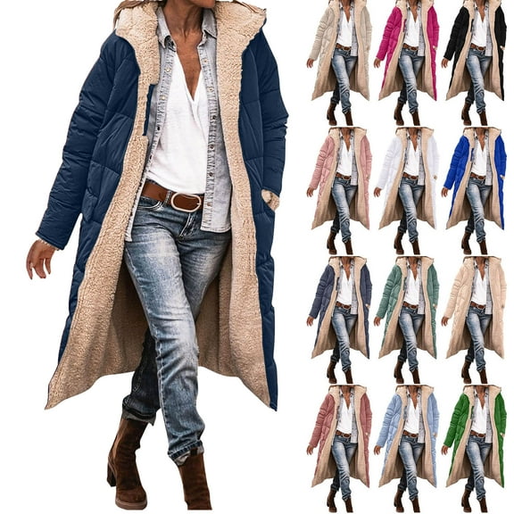 Women's 2025 Winter Fashion Clothes Oversized Shearling Fleece Long Coats Jackets Women's Winter Casual Loose Fashion Color Pocket Zippered Tops Reversible Long Coat Dark Blue S