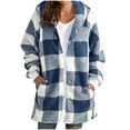 thumbnail image 1 of Women's 2025 Winter Fashion Clothes Women S Winter Loose Warm Hooded Plaid Side Pocket Mid Length Jacket Top,Winter Zipper Overcoat Outerwear 01-Blue_L, 1 of 5