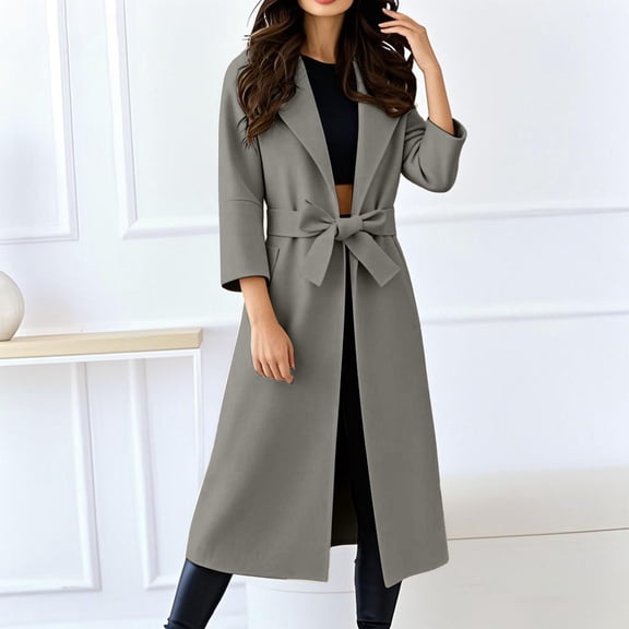 Women's 2025 Wool Blend Long Coat, Mid-Length Trench Style Fall Winter Overcoat with Belt, Elegant Lapel Design Warm Woolen Coat for Women, Timeless Casual Longline Belted Outerwear Grey L
