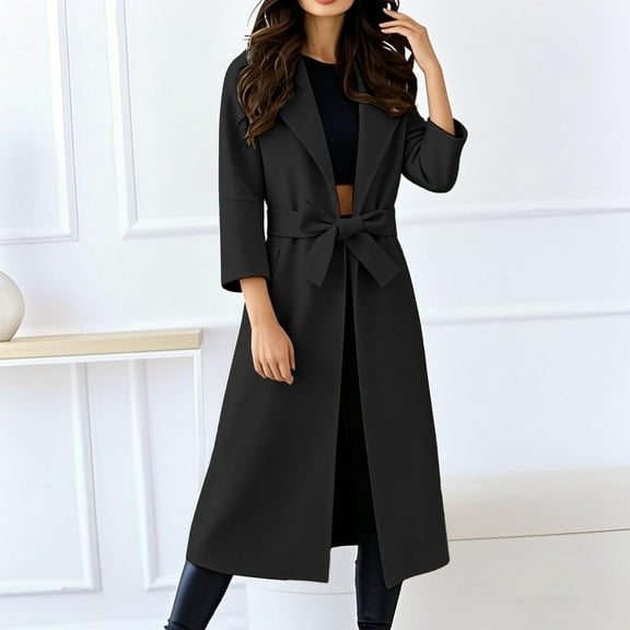 Women's 2025 Wool Blend Long Coat, Mid-Length Trench Style Fall Winter Overcoat with Belt, Elegant Lapel Design Warm Woolen Coat for Women, Timeless Casual Longline Belted Outerwear Black L