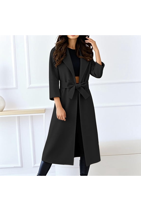 Women's 2025 Wool Blend Long Coat, Mid-Length Trench Style Fall Winter Overcoat with Belt, Elegant Lapel Design Warm Woolen Coat for Women, Timeless Casual Longline Belted Outerwear Black S