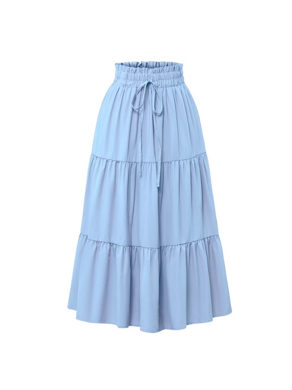 Women's 2025 summer Maxi Skirts 2025 summer Trendy Floral Boho High Waisted Tiered Ruffle Layered Skirts Ankle Length Adjustable Elastic Drawstring Wedding Skirts Light Blue S
