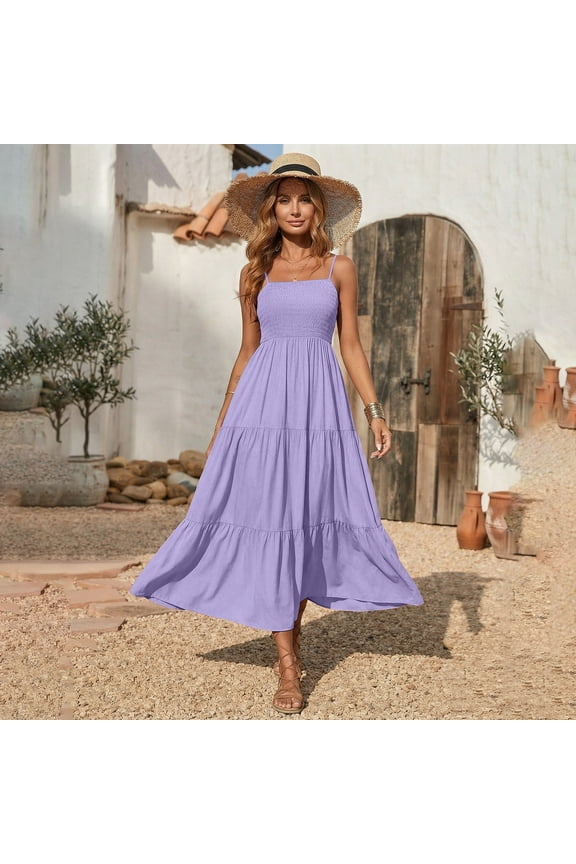 Women's 2026 Boho Maxi Dresses Smocked Waist Spaghetti Strap Tiered Ruffle Long Flowy Sundress for Beach Vacation