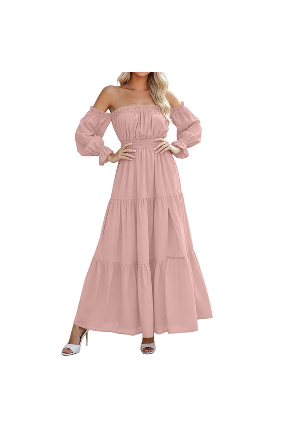 Women's 2026 Boho Off Shoulder Wedding Guest Dress Long Sleeve Smocked High Waist Side Split Flowy Line Tiered Long Maxi Dress(Pink,XL)