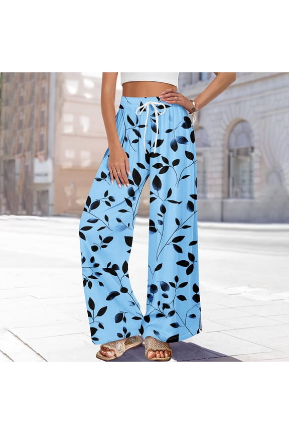 Women's 2026 Boho Print Wide Leg Pants Elastic Waist Flowy Beach Palazzo Lounge Trousers Dark Blue 2XL
