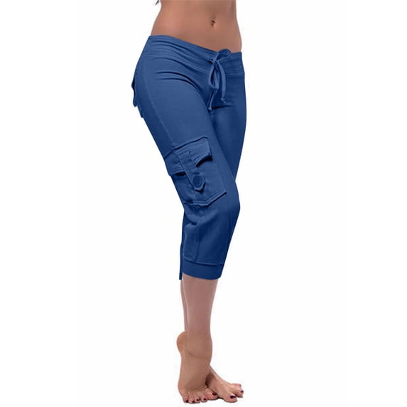 Women's 2026 Capri Joggers High Waist Stretch Lightweight Casual Daily Cropped Trousers with Pockets Blue 2XL