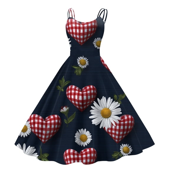 Women's 2026 Dress Square Neck Strapped Swing A Line Sundress Valentine's Day Dresses Dark Blue S