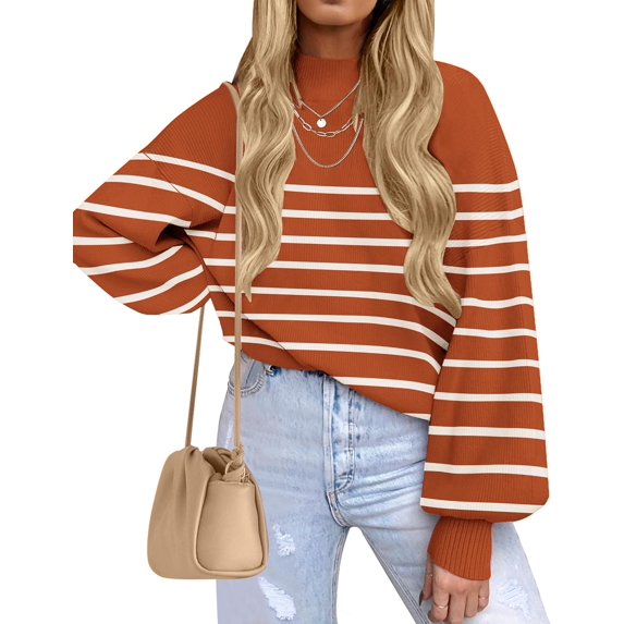 Women's 2026 Fall Fashion Turtleneck Long Sleeve Striped Ribbed Knit Loose Pullover Sweater Tops