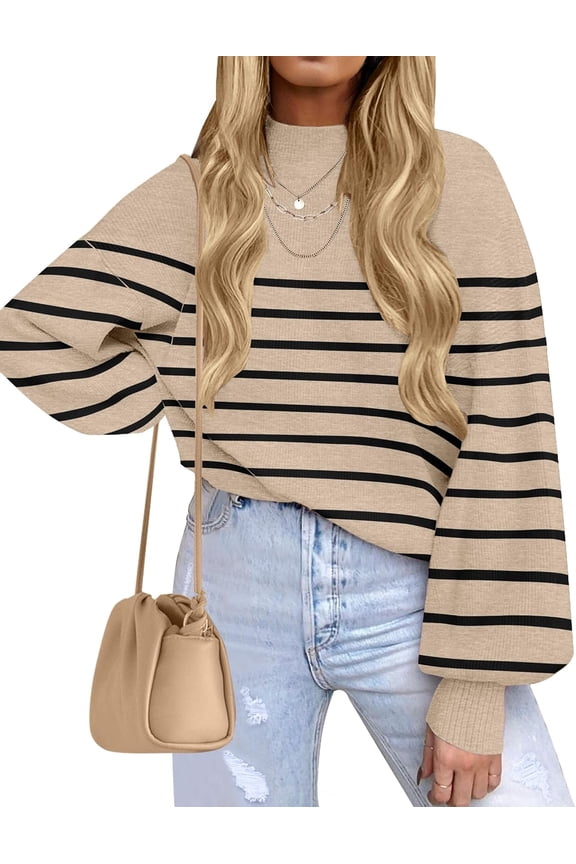 Women's 2026 Fall Fashion Turtleneck Long Sleeve Striped Ribbed Knit Loose Pullover Sweater Tops