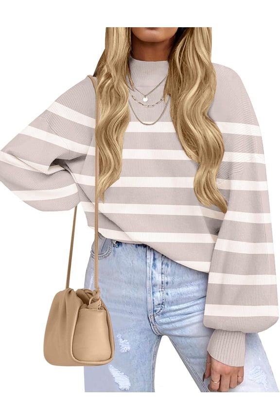 Women's 2026 Fall Fashion Turtleneck Long Sleeve Striped Ribbed Knit Loose Pullover Sweater Tops