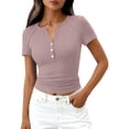 thumbnail image 1 of Women's 2026 Fall Summer Short Sleeve Tops Ribbed Henley Button Slim Fit Basic Casual T Shirts Blouse Clothing Pink XL, 1 of 7