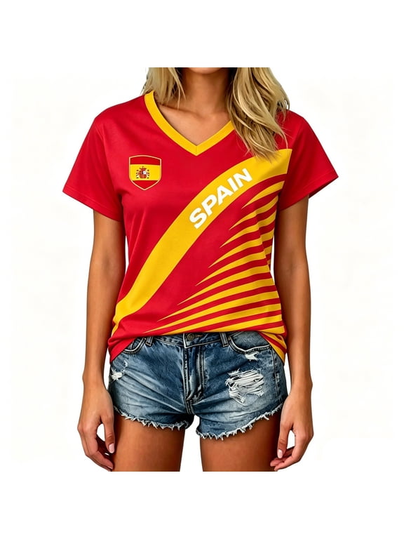Women's 2026 Fan Soccer Jersey Short Sleeve Graphic Tee With Print For Soft Crew Neck Casual Everyday Wear Lightweight Comfortable Shirt Spain Team Sublimated Football Fashion Top Size XXL