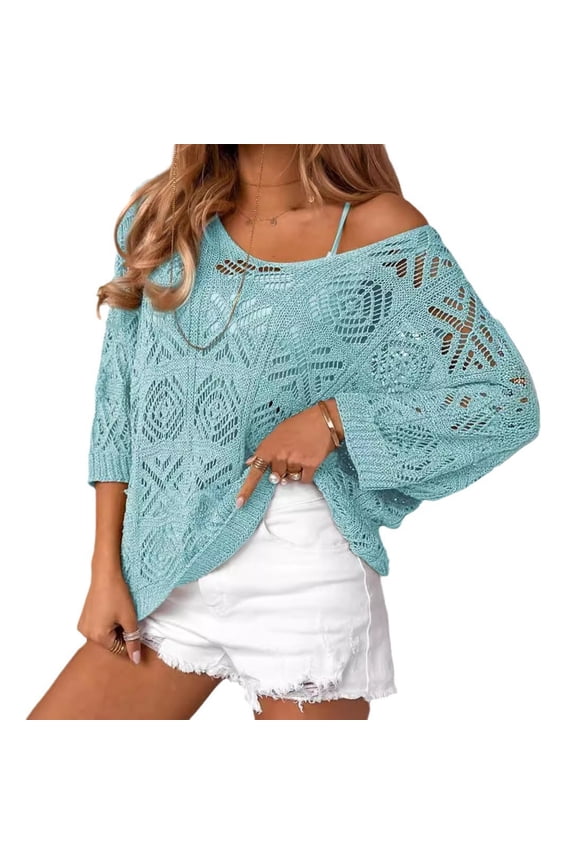 Women's 2026 Fashion Tops Three Quarter Length Sleeve Solid Color Crochet Hollowed Out Pullover With Off Shoulder Quarter Sleeves Sloping Shoulder Basic Tees Blouses——Light Blue∣L