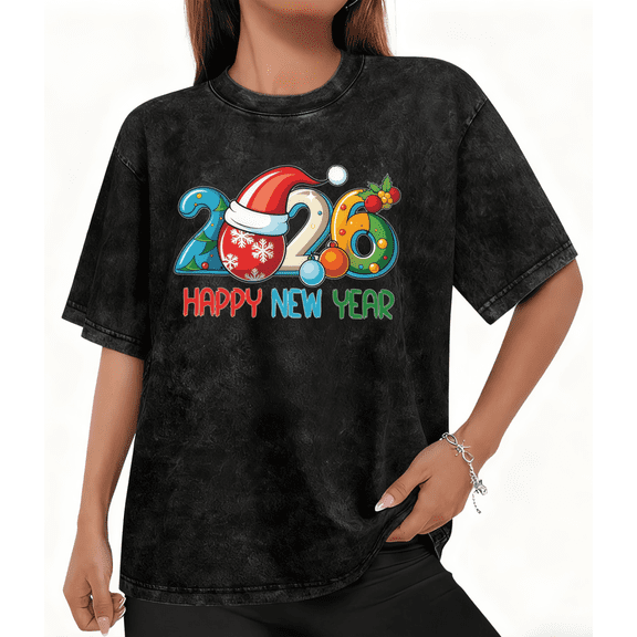 Women's 2026 Festive Decoration Style New Year Printed Washed Cotton Crew Neck T Shirt Black Plus Size