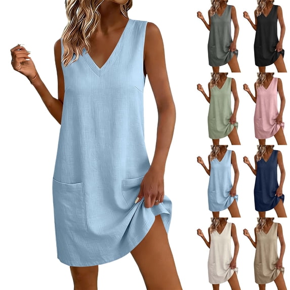 Women's 2026 Fit And Flare Dress Women's Decorative Button Linen Loose Pocket Short Sleeved Dress Blue Xl