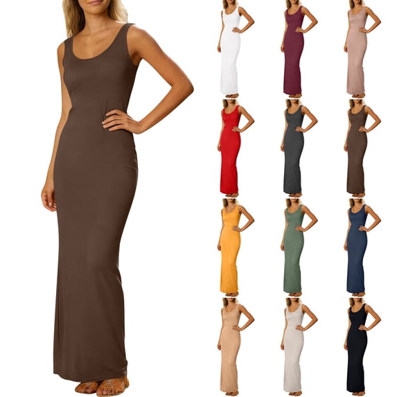 Women's 2026 Fit And Flare Dress Women's Solid Color Sleeveless Long Round Neck Dress for Summer Coffee S