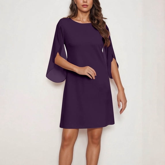 Women's 2026 Flutter Sleeve Cocktail Dress Crew Neck Chiffon Formal Wedding Guest Party Short Dresses (Purple,XXL)