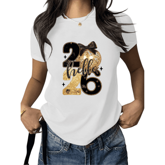 Women's 2026 Glitter Cotton T-Shirt Casual Top Sparkle New Year Graphic Short Sleeve Round Neck White S-5XL