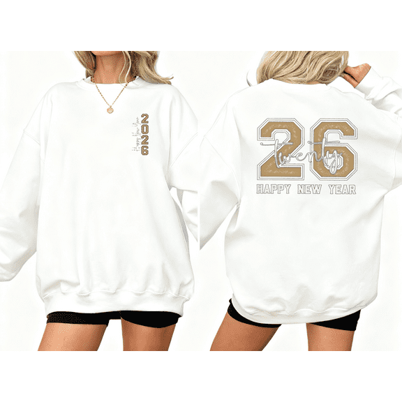 Women's 2026 Graphic Breathable Sweatshirt Casual Top New Year Round-neck long-sleeved white S-3XL