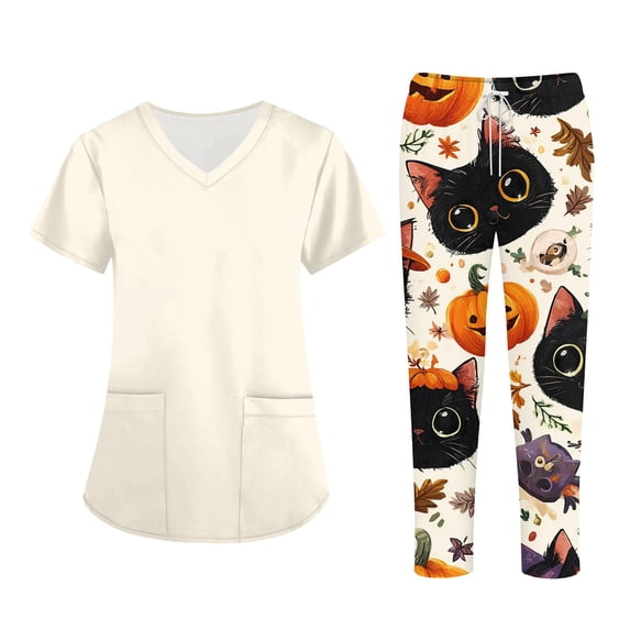 Women’s 2026 Halloween Scrub Sets, V-Neck Short Sleeve Top & Jogger Pants, Quick Dry Medical Uniform with Pockets for Nurses, 01-Beige, M