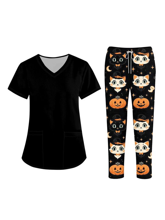 Women’s 2026 Halloween Scrub Sets, V-Neck Short Sleeve Top & Jogger Pants, Quick Dry Medical Uniform with Pockets for Nurses, 01-Black, L