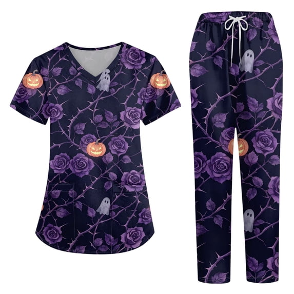 Women’s 2026 Halloween Scrub Sets, V-Neck Short Sleeve Top & Jogger Pants, Quick Dry Medical Uniform with Pockets for Nurses, 02-Dark Purple, S