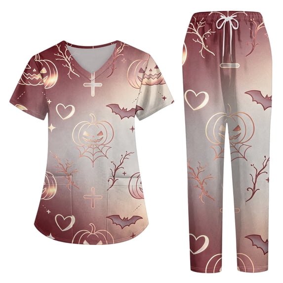 Women’s 2026 Halloween Scrub Sets, V-Neck Short Sleeve Top & Jogger Pants, Quick Dry Medical Uniform with Pockets for Nurses, 02-Gold, XL