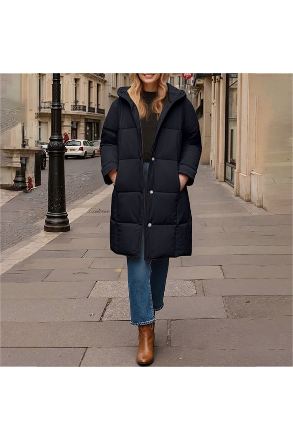 Women's 2026 Long Hooded Puffer Coat, Mid-Length Oversized Jacket, Thick Cotton Filled Parka, Multi-Pocket Winter Coat, Casual Korean Style Coat Black L