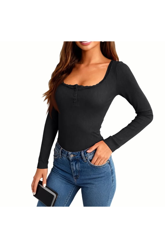 Women's 2026 Long Sleeve Henley T Shirts Lace Trim Button Ribbed Knit Slim Fit Casual Basic Tops Blouse