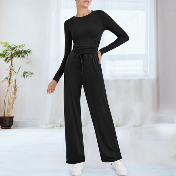 Women's 2026 Matching Sets Long Sleeve Tops Wide Leg Pants Casual Two Piece Lounge Outfits