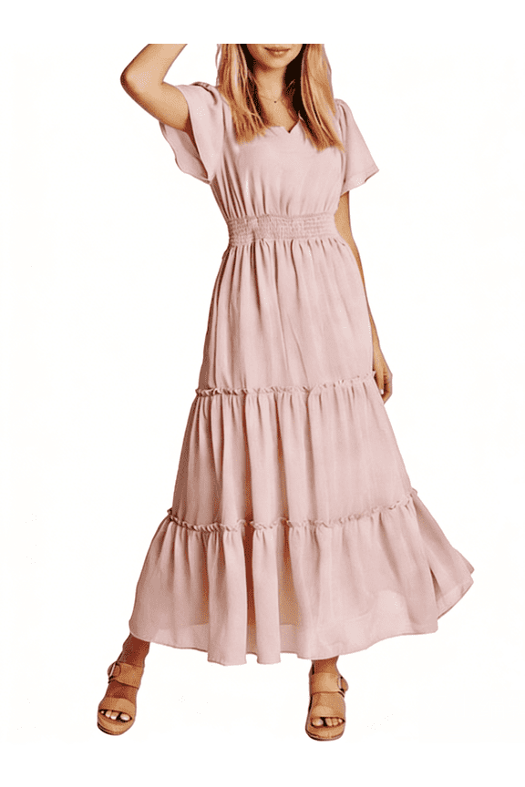 Women's 2026 Modest Summer Maxi Dress – V Neck Short Flutter Sleeve Smocked Tiered Floral Boho Long Dress with Elastic Waist