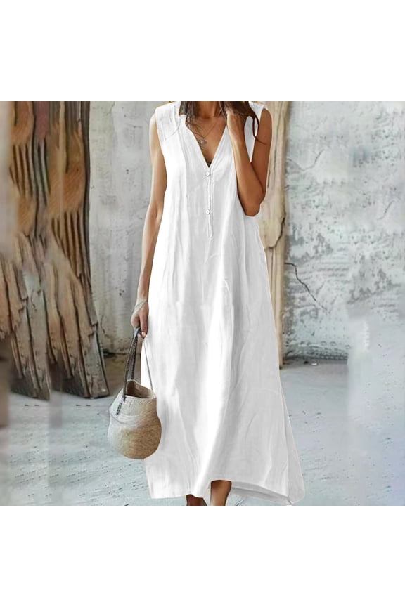 Women's 2026 New Cotton Linen V Neck Sleeveless Dress, Solid Color Loose Long Maxi Dress for Spring Summer Casual Daily Wear, Beach and Vacation White M
